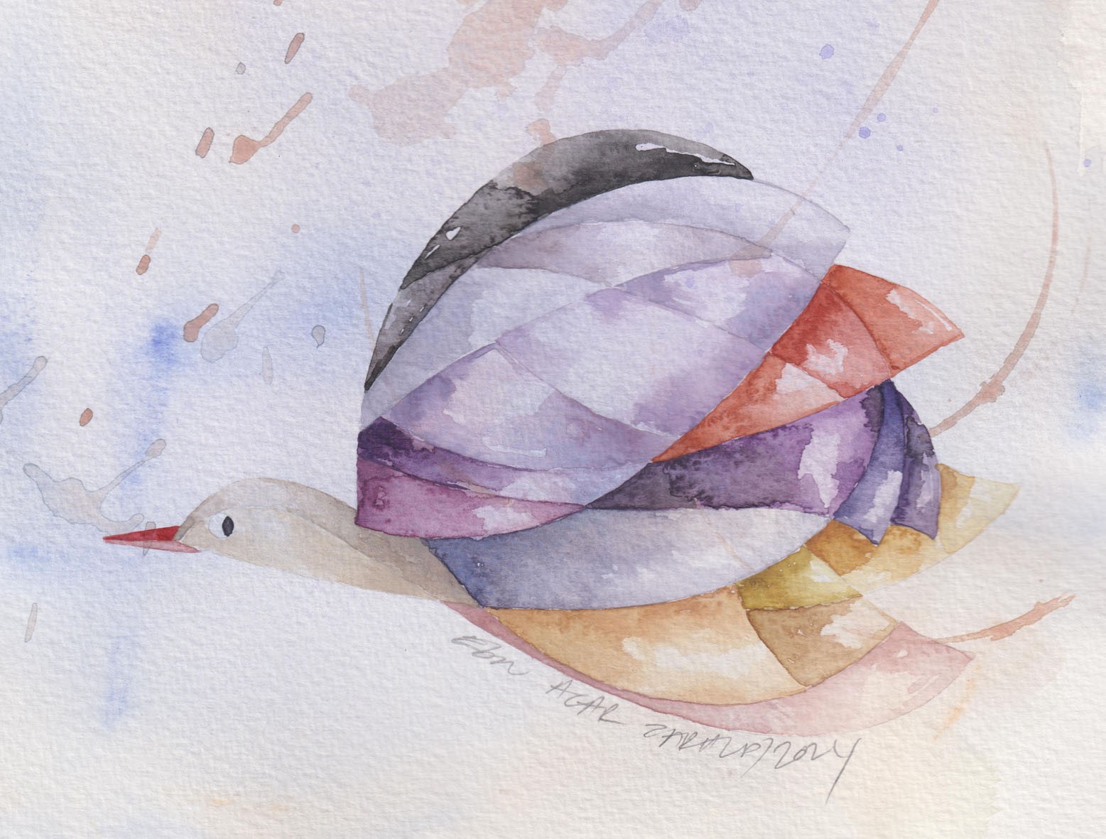 Ebru Acar Taralp | Kağıt üzerine sulu boya | Kaplumbağa Kuşu