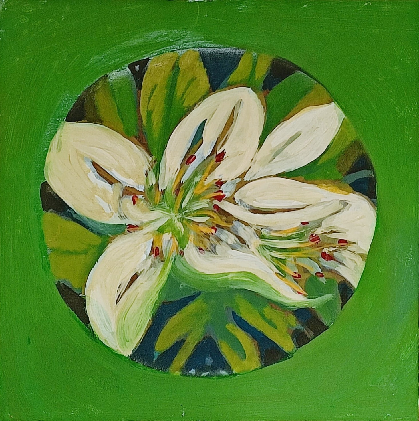 Özlem Keser | Duralit üzerine yağlı boya | Yeşil'deki Çiçek