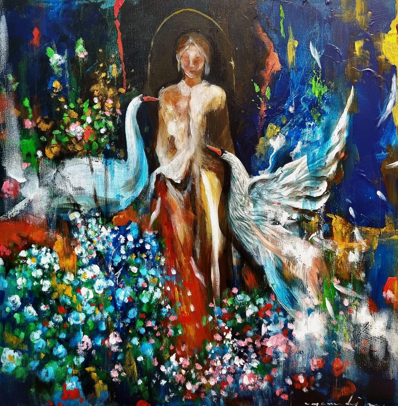 Can Emre Dağ | Tuval üzerine yağlı boya | Kuğulu Kadın; Tanrının Eli Üzerimde