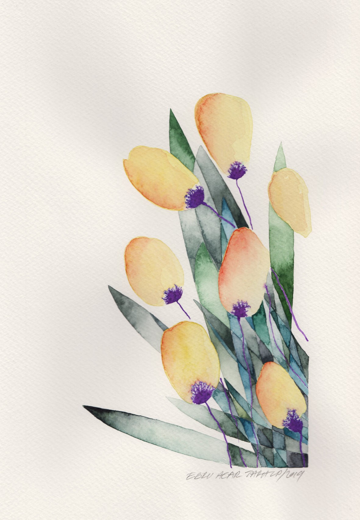 Ebru Acar Taralp | Mürekkep ve Sulu boya Resim | Turuncu Çiçekler